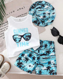 Boys 3pc Blue & White Stripe Summer Time Print Top, Coconut Tree Beach Shorts & Hat