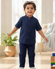 2PCS Boys Navy Blue Outfit Set – Textured Stand Collar Shirt & Trousers