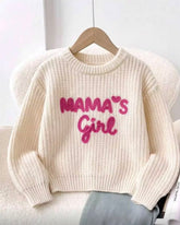 Girls Knit Beige White “Mama’s Girl” Winter Sweater
