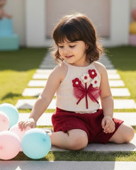 Burgundy Crochet Flower Halter Top & Ribbed Shorts Set – 2PCS Summer Outfit