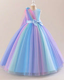 Girls Rainbow Ombre Princess Dress – Sleeveless Bow Tulle Puffy Long Gown