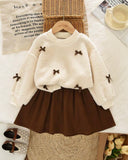 Girls Apricot Fleece Sweatshirt And Brown Skirt Set