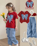 Girls Blue Bow Graphic Red T-Shirt & Cargo Pants Set