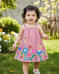 Baby Girl Pink Floral & Honey Bee Print Suspender Dress with Bow