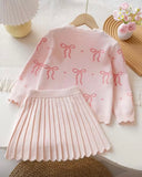 Girls’ Pink Bow Jacquard Cardigan & Pleated Skirt Set