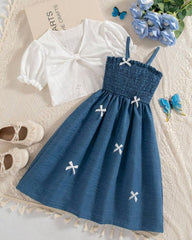 2pcs Tween Girl Blue Spaghetti Strap Overall Dress with Ruffle Sleeve Top