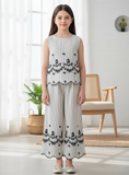 Tween Girls Sleeveless Co-Ord Set – Printed Embroidered Hem Top & Wide-Leg Pants