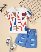 2pcs/Set Boy Summer Geometric Print Short Sleeve T-Shirt + Denim Effect Shorts Outfit