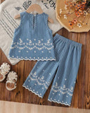 Baby Girls Blue Sleeveless Co-Ord Set – Printed Embroidered Hem Top & Wide-Leg Pants