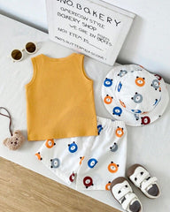 Baby Boy 3pc Yellow Bear Graphic Tank Top, Bear Print Shorts & Matching Hat