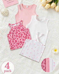 4pc Young Girl Summer Outfit Set – White & Pink Tank Tops
