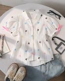 Tween Girls Bow Print Textured Puff Sleeve Shirt – Cinched Waist
