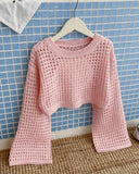 Tween Girls Baby Pink Crew Neck Long Sleeve Hollow Knitwear