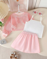 Baby Girls Pink 3PCS Elegant Outfit Set – Camisole, Pearl Flower Vest & Bow Pleated Skirt