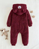 Baby Boy Meroon Bear Pattern Winter Hooded Jumpsuit