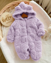 Baby Girl Winter 3D Purple Fluffy Heart Pattern Zipper Hooded Romper