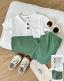 2pcs Round Neck Patchwork T-Shirt and Green Shorts