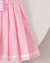 Girls Pink Flower Embroidered Outfit Set – Sleeveless Polo Shirt & Pleated Skirt