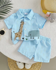 2PCS Baby Boy Street Fashion Giraffe & Elephant Print Shirt & Shorts Set