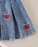 Girls Cherry Embroidered Top & Frilled Denim Skirt Set (3 Colours)