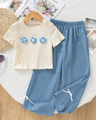 2pcs/Set Young Girls Textured Fabric T-Shirt With 3D Floral Decor & Casual Pants