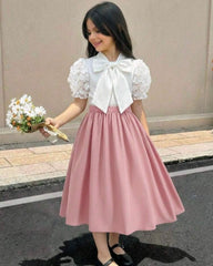Girls’ 3D Floral Embroidery Bubble Sleeve Shirt & Skirt Set