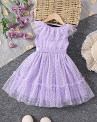 Kids Young Girl V-Neck Mauve purple Mesh Dress With Ruffles And Pleats