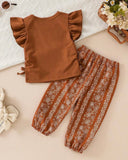 Baby Girls Brown Striped Ruffle Sleeve T-Shirt & Floral Pants Set