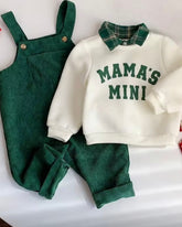 Baby Boy Mama’s Mini Knit Sweatshirt & Green Plaid Corduroy Overalls