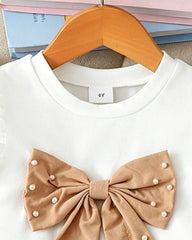 Girls 2-Piece 3D Beige Bow Beaded Outfit Set – Cap Sleeve Top & Beaded Slit Shorts
