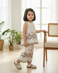 Baby Girls Sleeveless Co-Ord Set – Brown Printed Embroidered Hem Top & Wide-Leg Pants