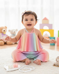 2 Pcs Set Rainbow Ombre Pleated Spaghetti Strap Crop Top With Wide Leg Pants Summer Outfits