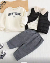 Baby Boy Sweatshirt, fleece-lined Pajts, and Grey vest jacket