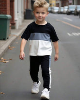 Grey & Black Colorblock Round Neck Short Sleeve T-Shirt And Long Pants Set
