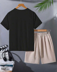 Boy Lion Print Black Short Sleeve T-Shirt & Shorts Summer Outfit Set