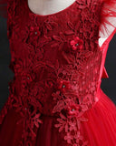 Girls’ Long Red Embroidered Princess Wedding Dress