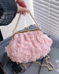 Pink Net Flower & White Pearl Clutch with Pearl Handle
