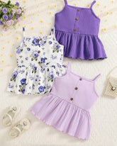 3PCS Purple Girls Ruffle Trim Camisole Tops Set