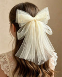 1PC Cream White Multi-Layer Tulle Rhinestone Bow Hair Clip