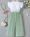 Kids Green Flounce Sleeve Top & Wide Leg Pants Set