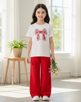 Tween Girls Red Bow Embroidered Shirt and Cargo Pants Set
