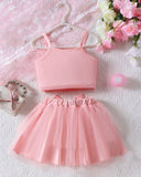 Girls Baby Pink Floral Embroidery Top & Tulle Skirt 2-Piece Set