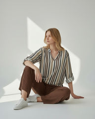 2pcs Set – women’s Textured Colorful Stripe Long Sleeve Shirt & Wide Leg Pants