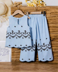 Girls Sleeveless Co-Ord Set – Blue Printed Embroidered Hem Top & Wide-Leg Pants