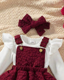3PCS Baby Girl White Bodysuit, Meroon Suspender Dress & Headband Set