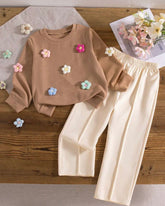 Girls Khaki 3D Floral Decor Round Neck Long Sleeve Sweatshirt And Pants Set