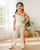 2pcs Girls 3D Floral Knitted White and Orange Polo Vest And Flared Pants