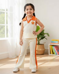 2pcs Girls 3D Floral Knitted White and Orange Polo Vest And Flared Pants