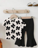 2pcs Baby Girls' Casual Cute Bow Graphic Print Short Sleeve Round Neck T-Shirt And Flare Pants Set
