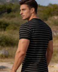 Men's Black & White Striped Short Sleeve Polo Shirt - Summer
